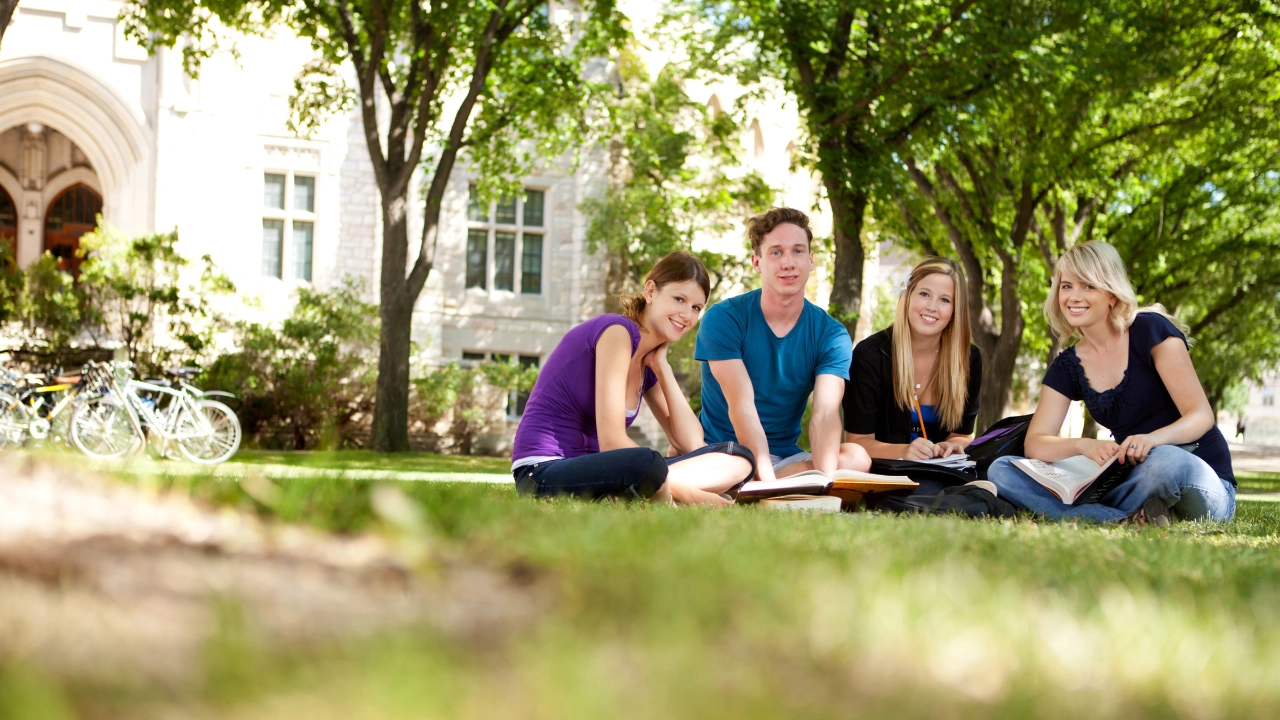 Drei Studentinnen und ein Student sitzen mit Büchern auf einer Wiese und blicken lächelnd in die Kamera.
