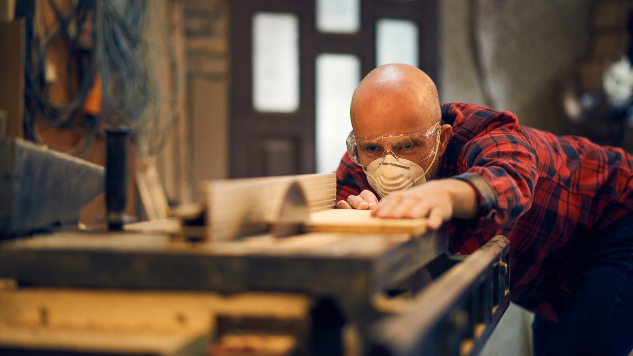 Mann mit einer Atemschutzmaske sägt an einer Kreissäge ein Holzbrett