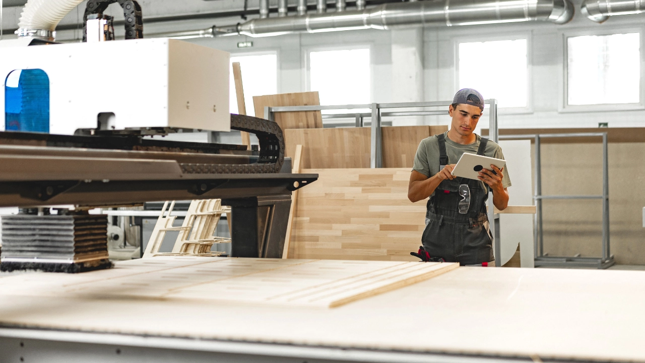 Beschäftigter bedient in einer Möbelfabrik eine Maschine zur Holzverarbeitung