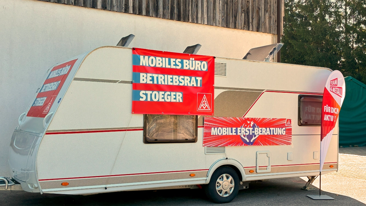 Mobiles Betriebsratsbüro im Wohnwagen bei Stöger 