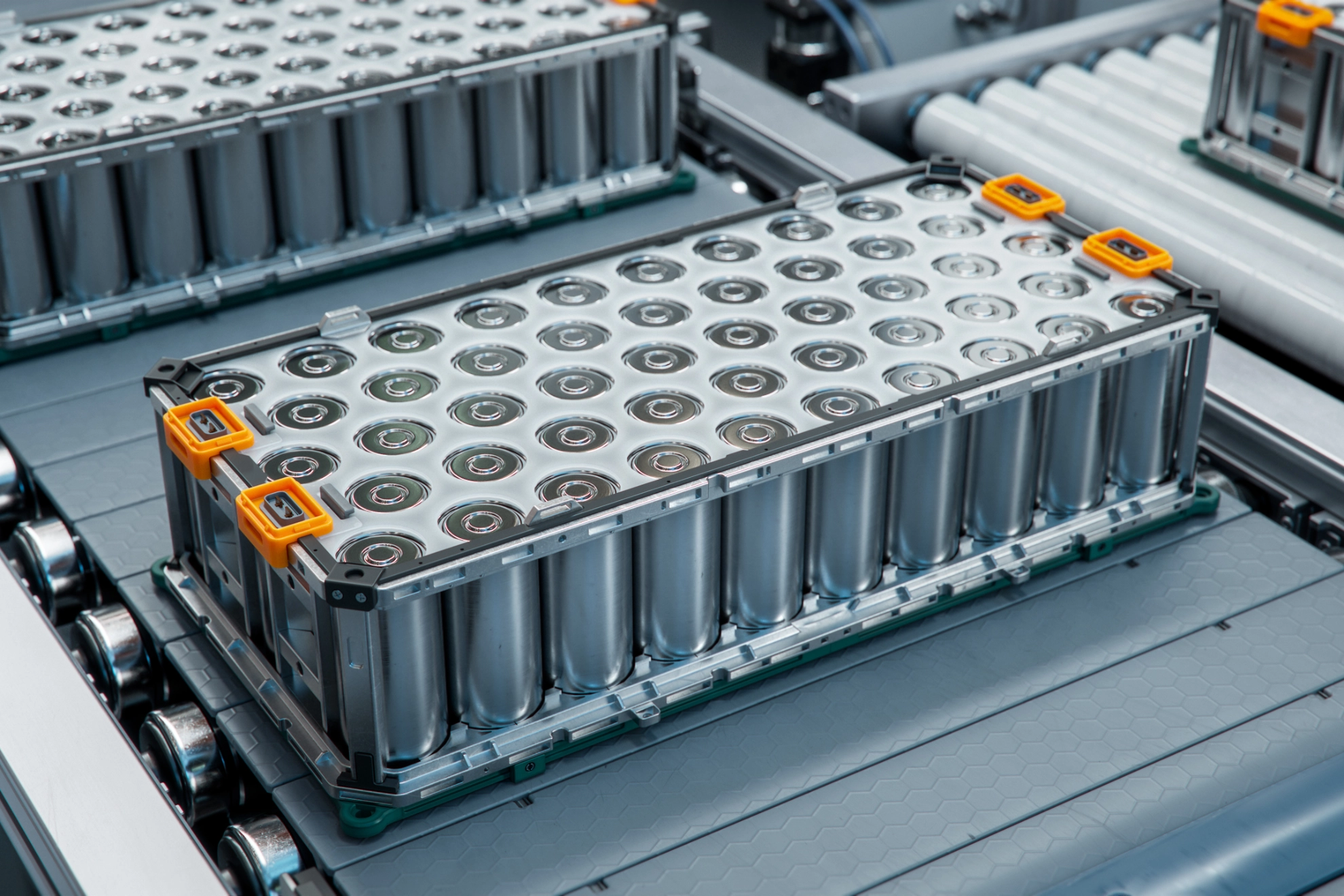 Lithium-Ionen-Hochvolt-Batteriekomponente für Elektrofahrzeuge oder Hybridfahrzeuge. Batteriemodul für die Automobilindustrie am Fließband. Batterie mit hoher Kapazität auf dem Förderband