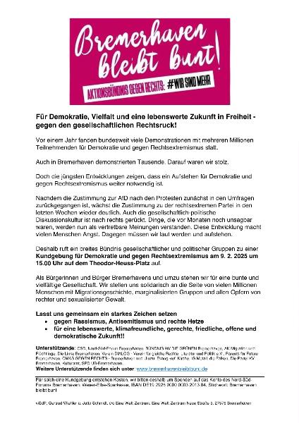 Aufruf Kundgebung in Bremerhaven - 09.02.2025