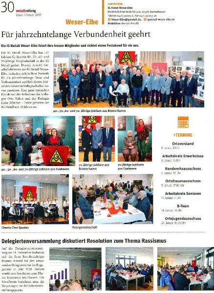„Metallzeitung“ - Januar/Februar 2019 – Lokalseite Weser-Elbe