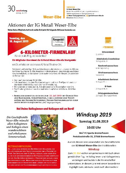 „Metallzeitung“ - Juli/August 2019 – Lokalseite Weser-Elbe