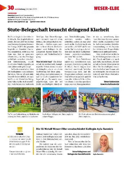  „Metallzeitung“ - Oktober 2020 – Lokalseite Weser-Elbe